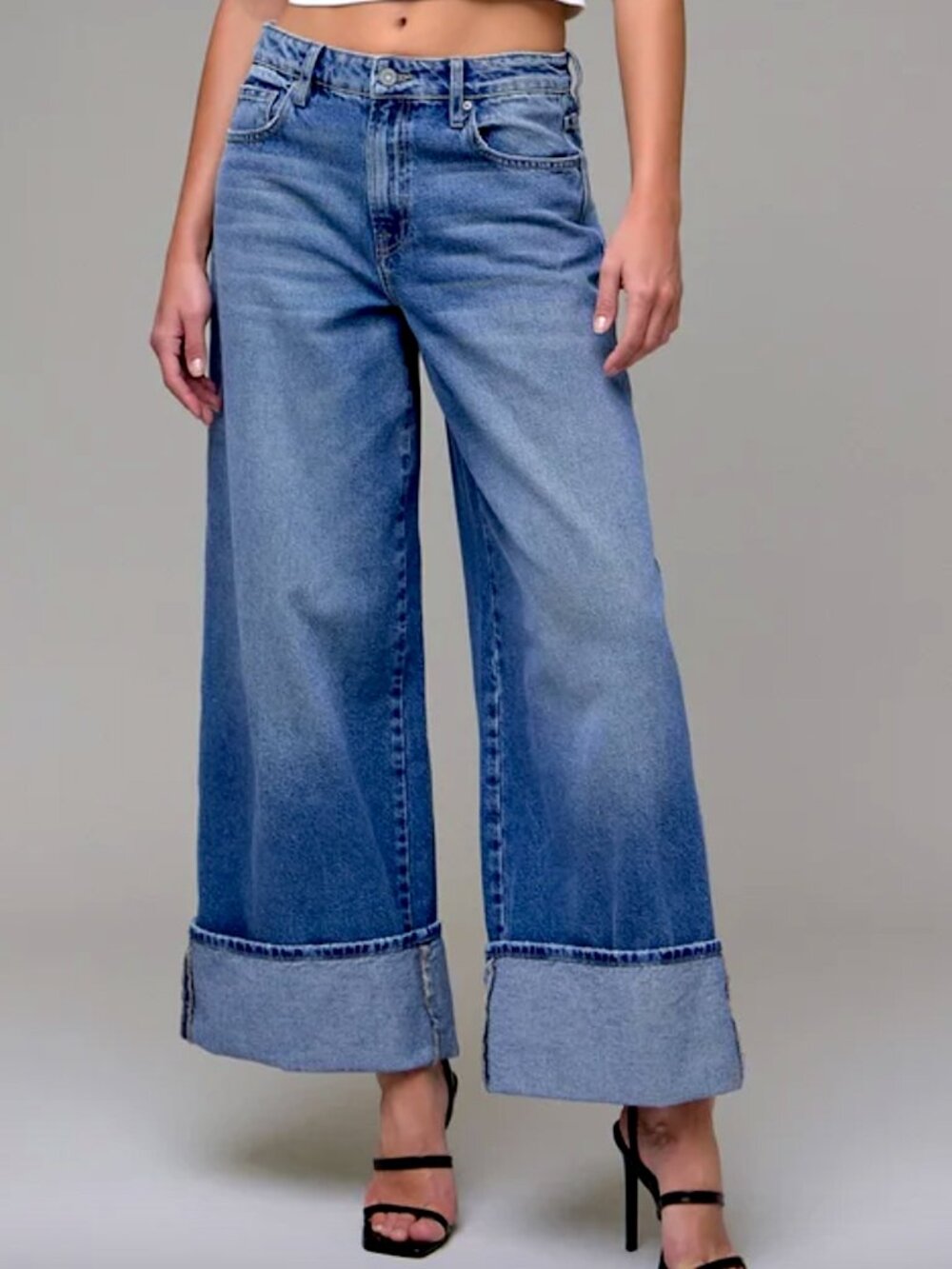 NWT HIDDEN Nori Medium Dark Wash Cuffed High-Rise Oversized Wide-Leg Jeans SZ 24